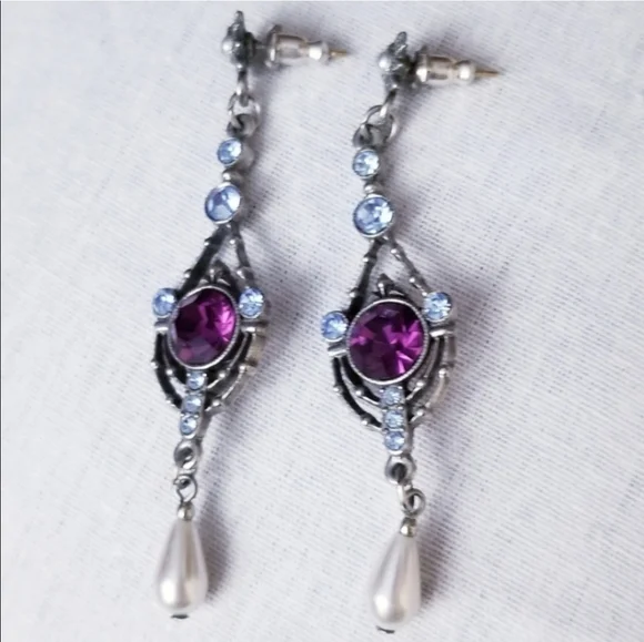 Purple Blue and Pearl Drop Dangle Earrings - Picture 2 of 5